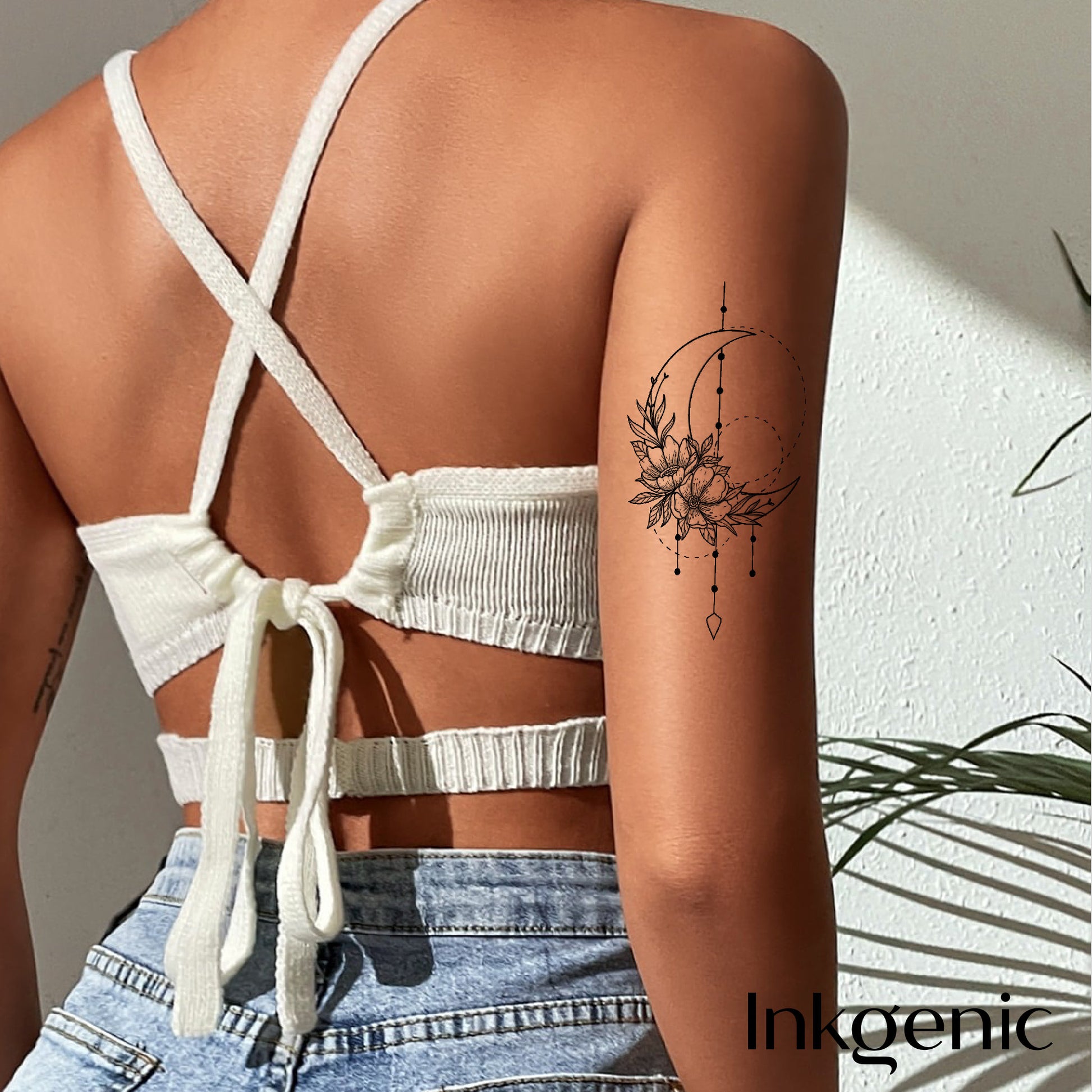 Geometric Floral Moon Tattoo