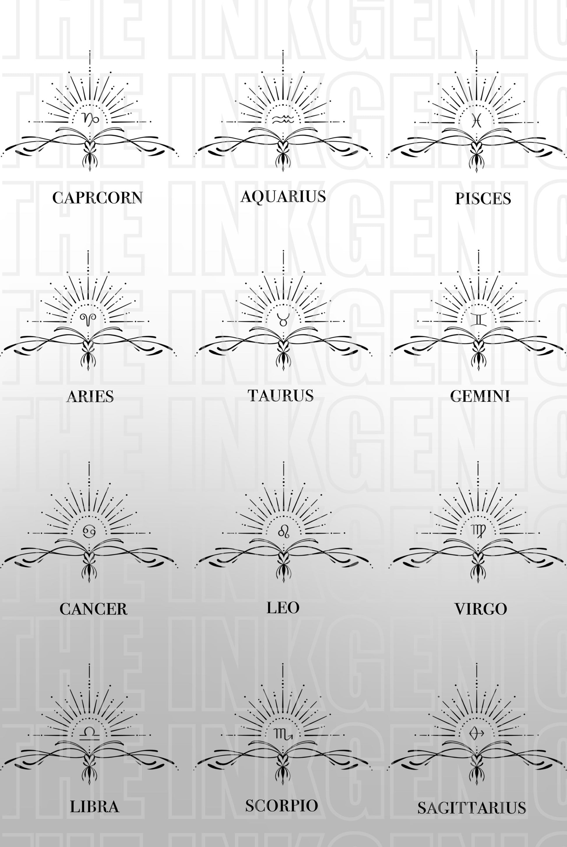 Sunrise Zodiac Signs | Temporary Tattoo | Flash Tattoo | Zodiac Sign Tattoo