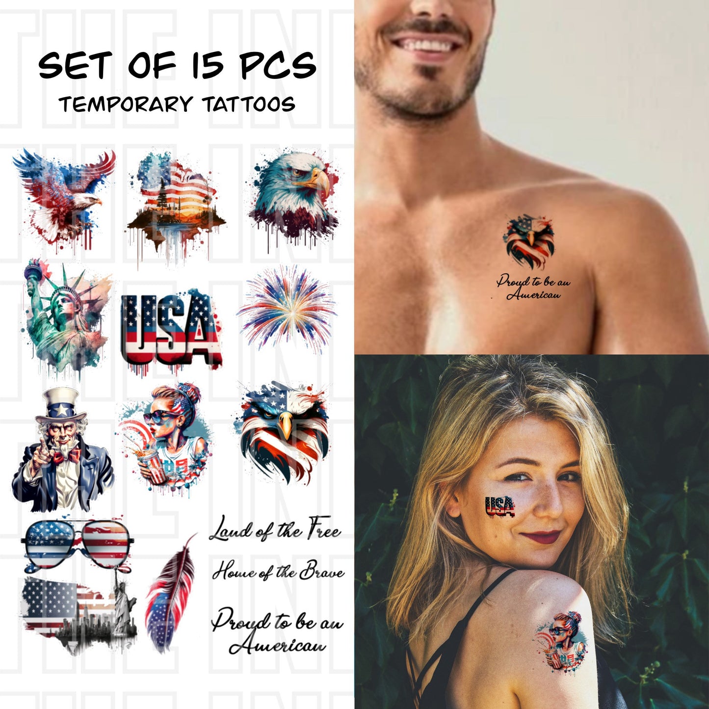 US Independence Day Tattoos - 4th of July - American Flag and Eagle - USA - Temporary Tattoos - Party Ideas