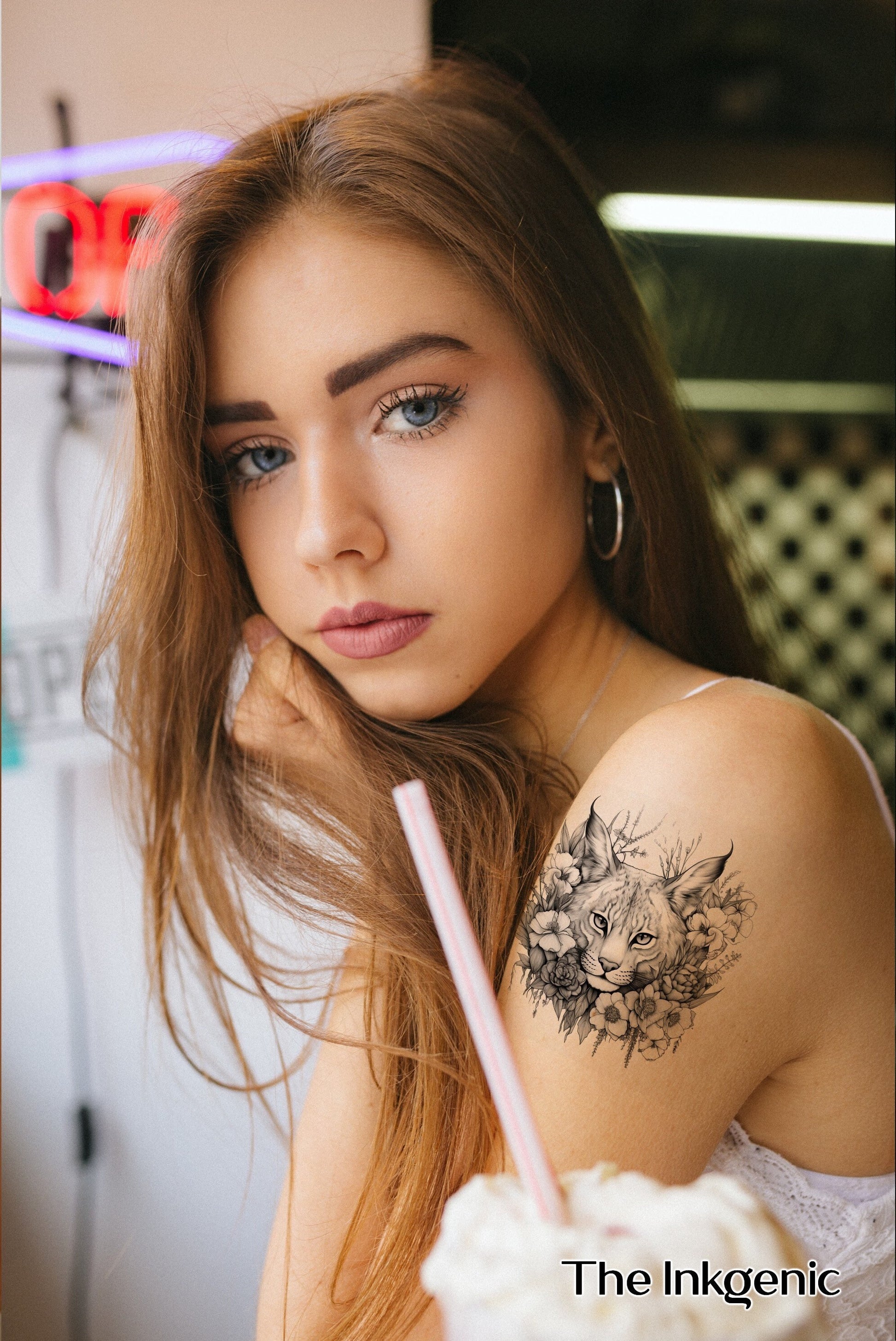 Floral BobCat Tattoo | Temporary Tattoo | Fake Tattoo | Nature Tattoo | Flower Tattoo | Leaf Tattoo | Chic Tattoo | Animal Tattoo