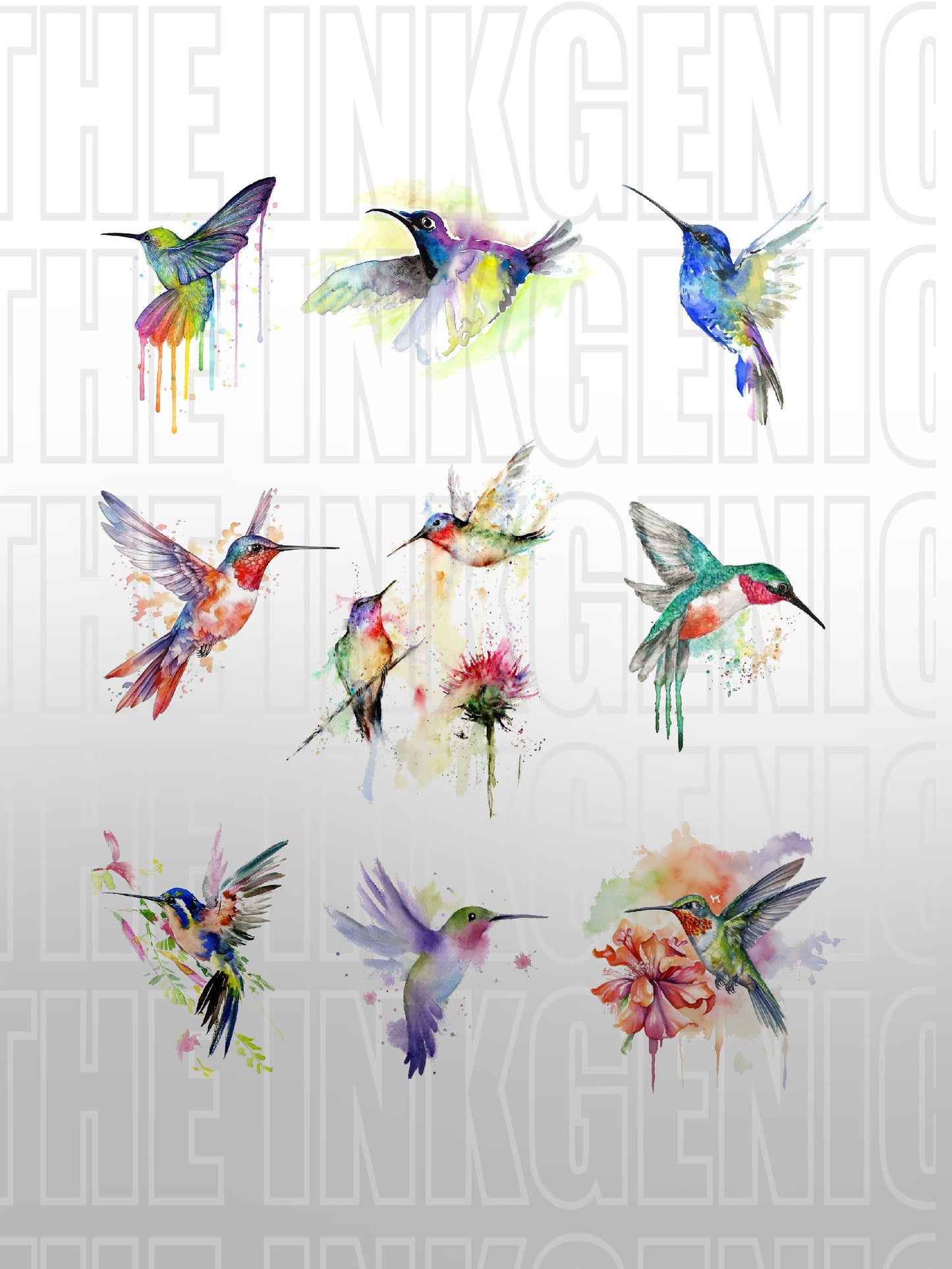 Watercolor Hummingbird Set - Bird Tattoo - Temporary Tattoo - Flash Tattoo - Woman Tattoo