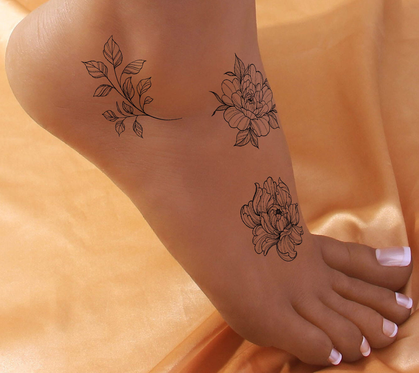 Peony Tattoos - Set of 7 l Temporary Tattoo | Flowers Tattoo | Leaves Tattoo | Women Tattoo